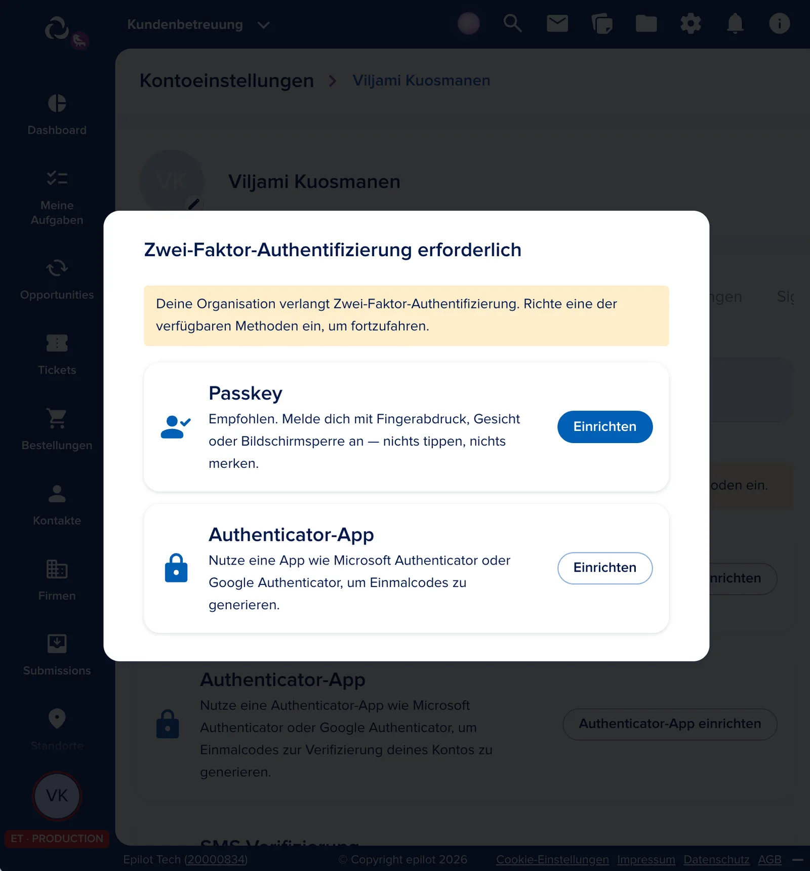 Ohne zweiten Faktor führt kein Weg vorbei — die Auswahl zeigt alle freigeschalteten Methoden