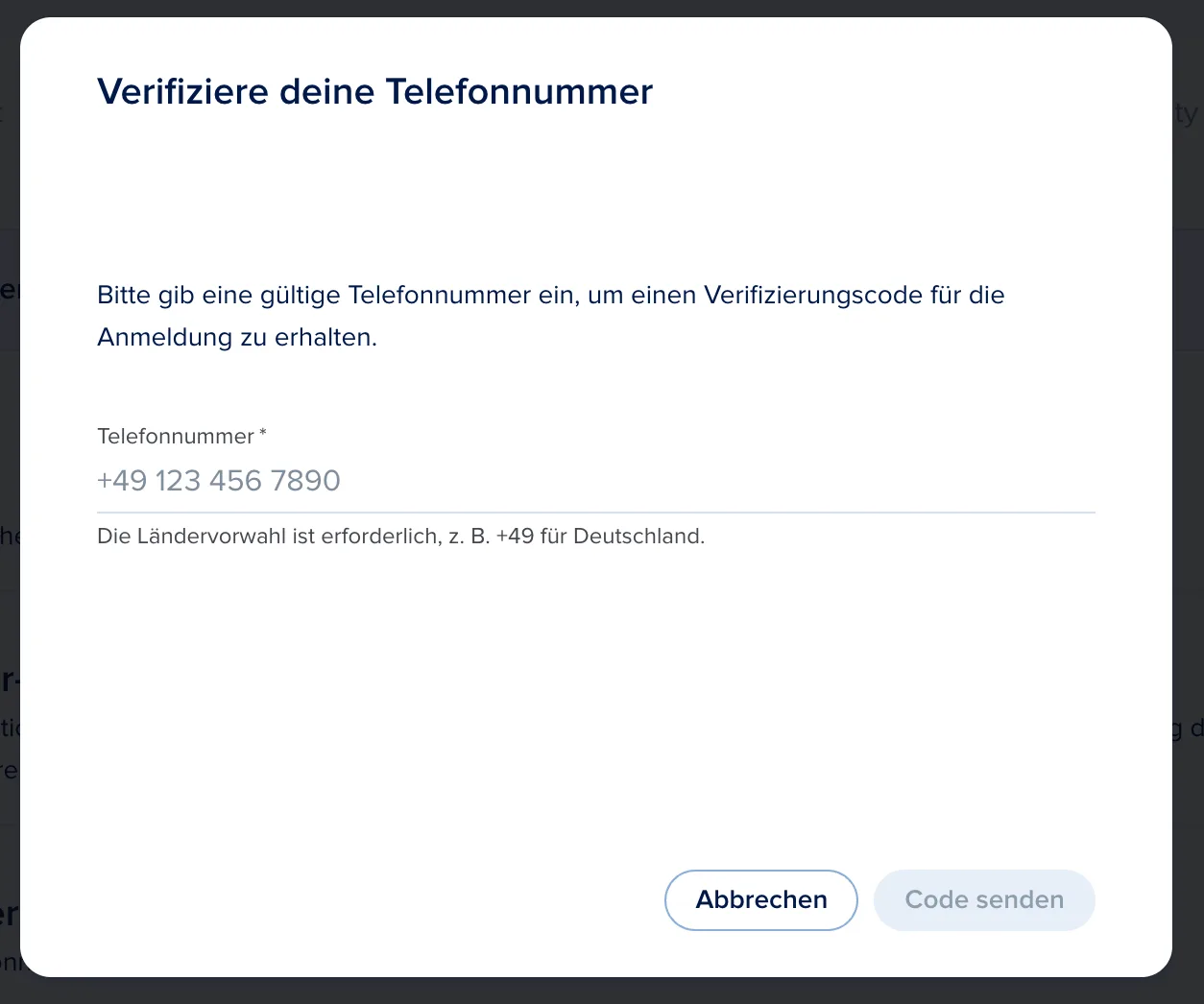 Die Telefonnummer wird mit einem Code per SMS bestätigt.