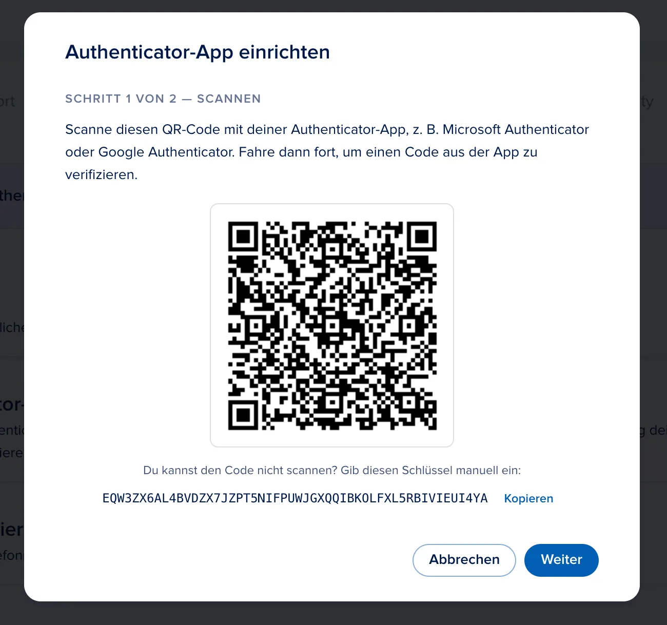 Scanne den QR-Code mit deiner Authenticator-App.